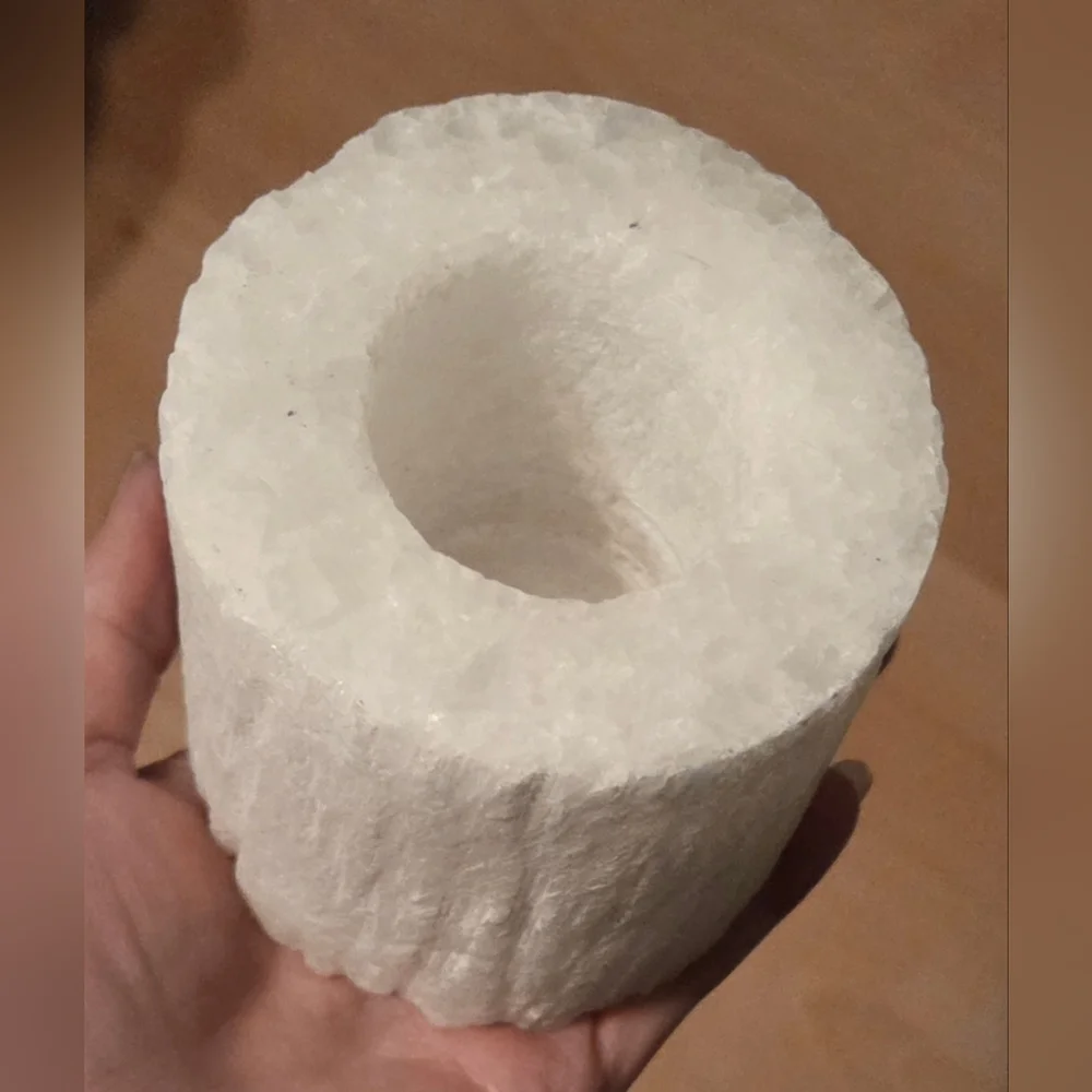 Selenite Crystal Candle Holder Hand Carved Pillar 3.5 x 3.25